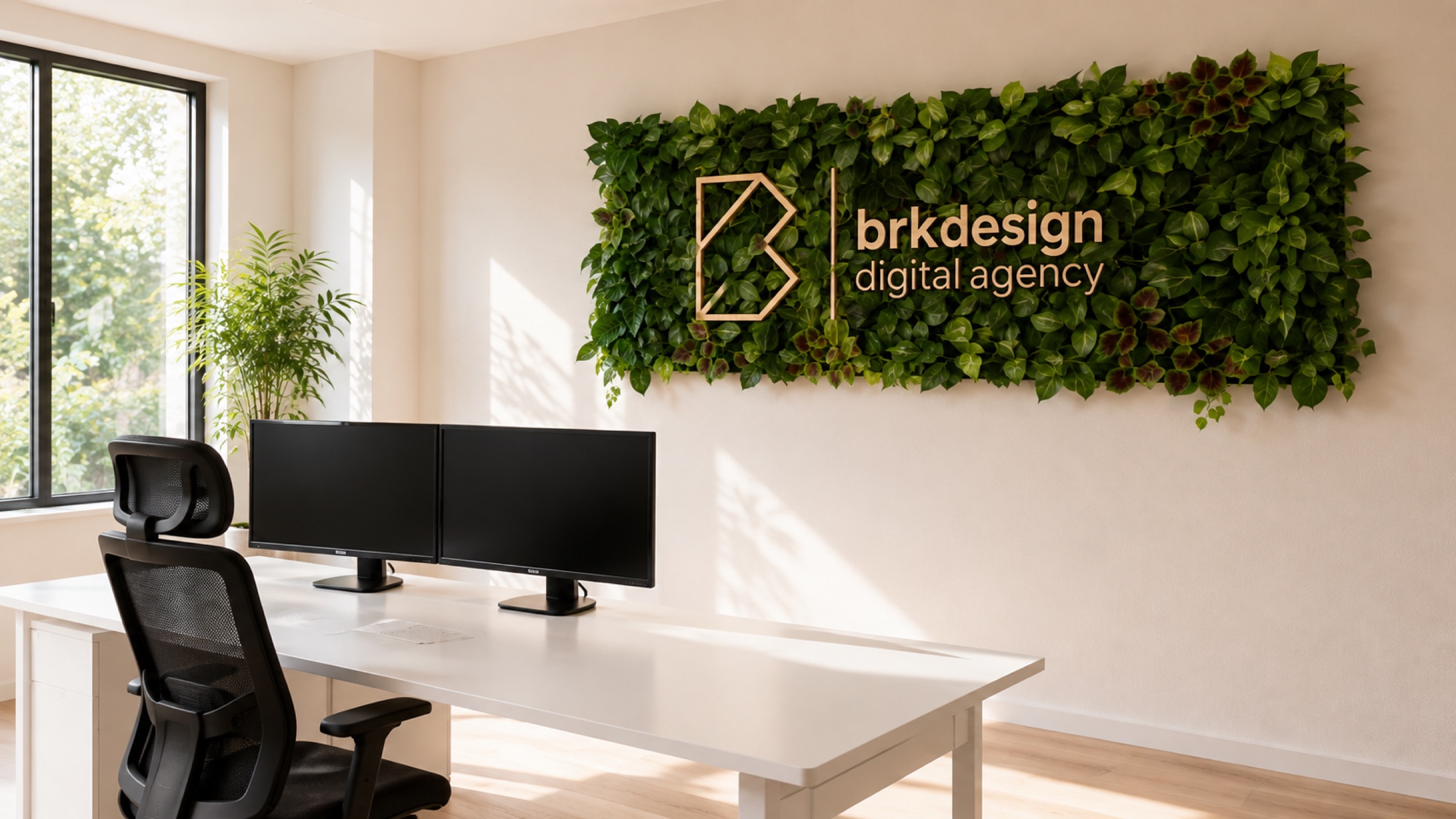 De BRKdesign-studio: groene plantenwand met logo, werkplek met dubbele monitor in warm daglicht