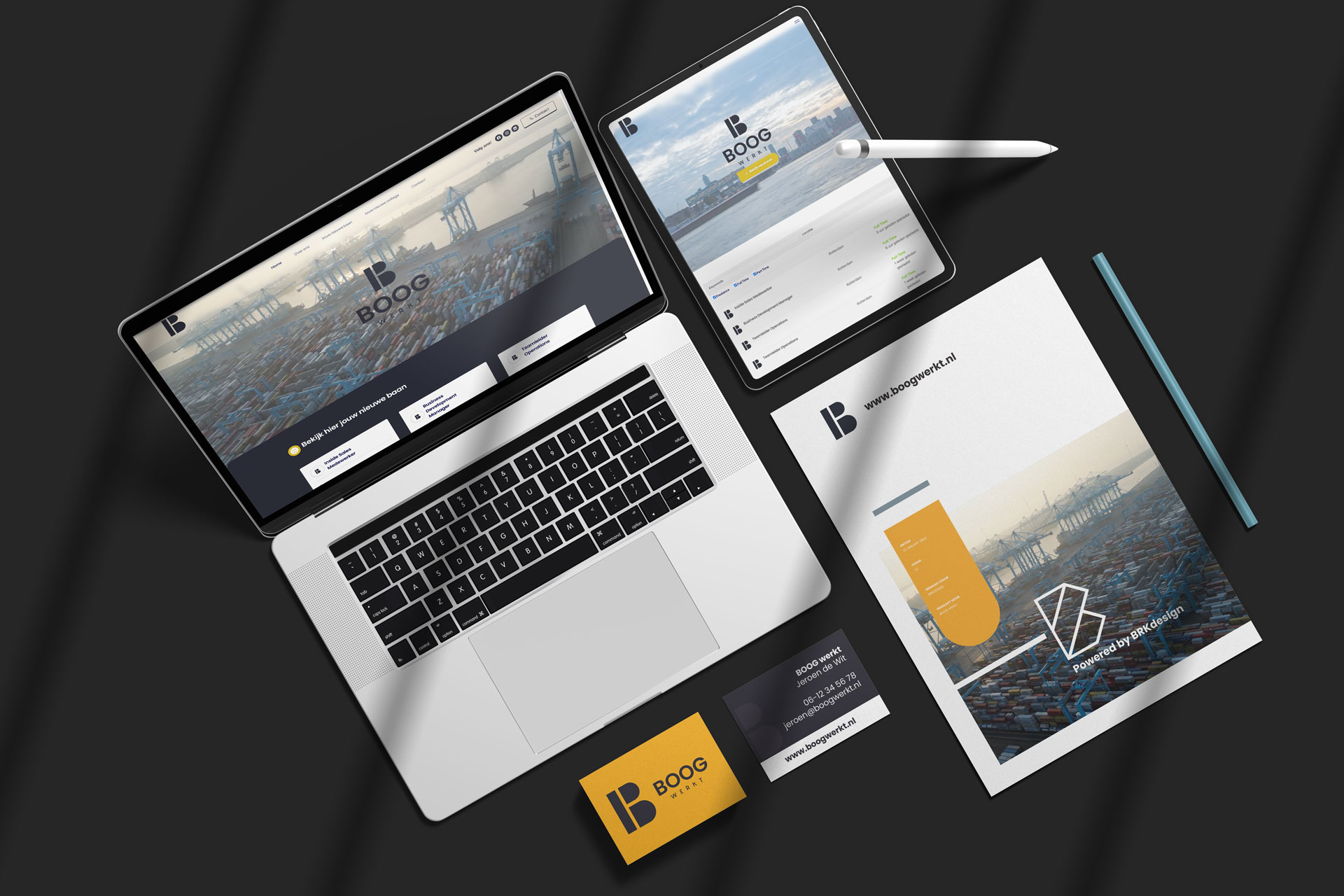 De complete BOOG werkt-huisstijl: website, tablet, briefpapier en visitekaartjes.